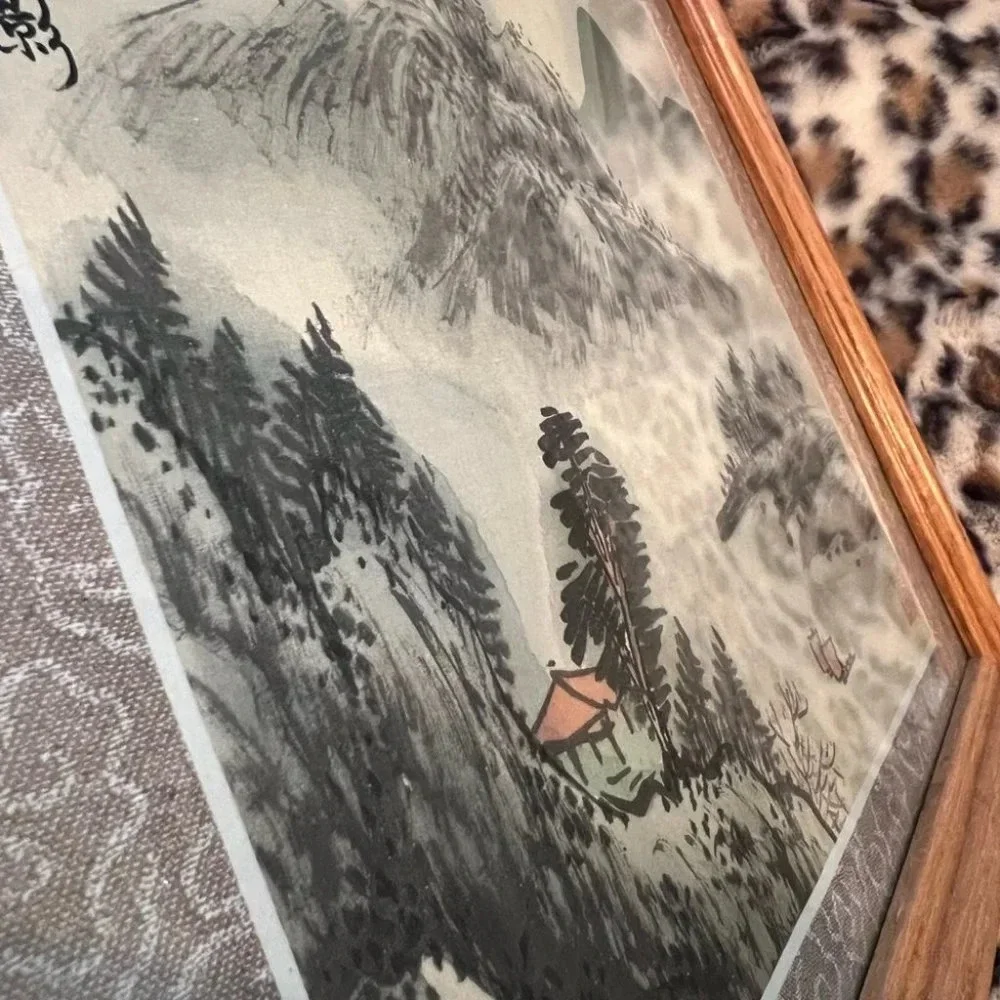 Japanese chinese Prints on Silk Signed Framed wooden Black & White Nature Art🖼️